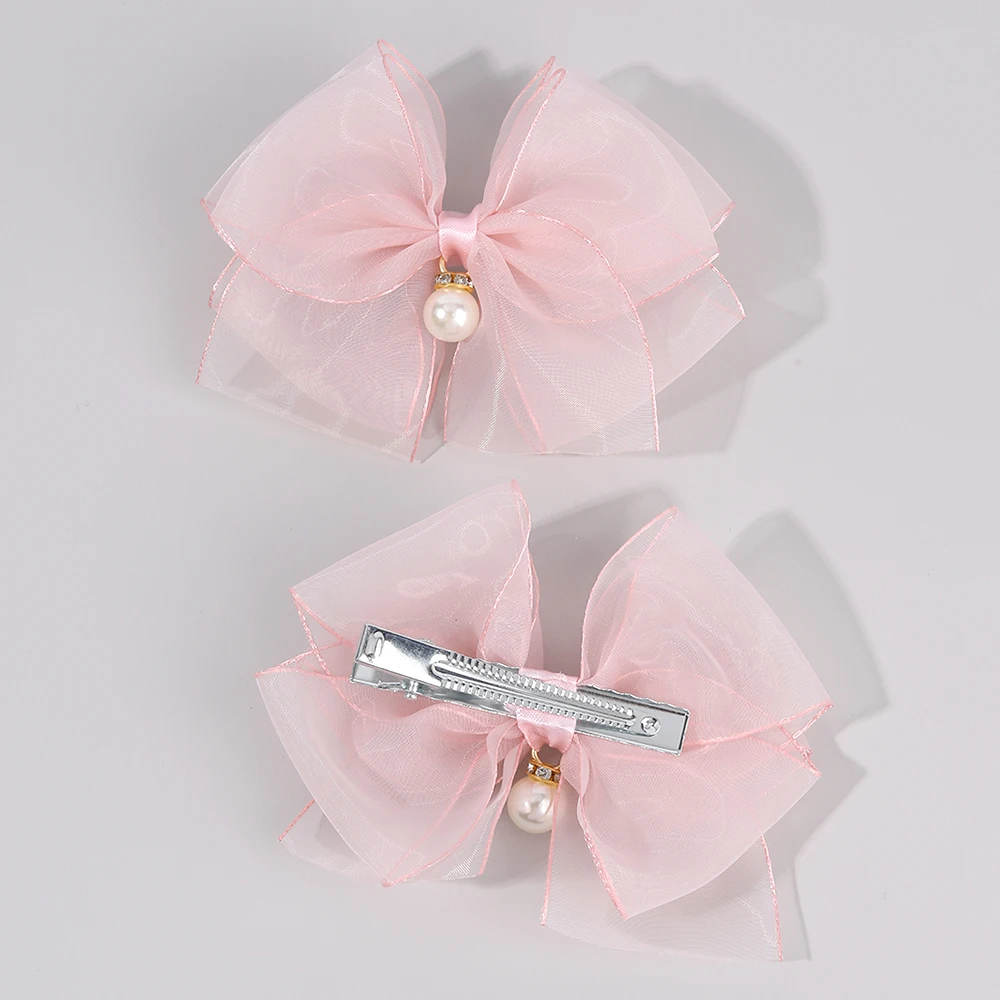 2 قطعة مقاطع الشعر القوس متعدد الطبقات للفتيات الشيفون دبابيس الشعر الصلبة لطيف اللؤلؤ قلادة باريت الاطفال أغطية الرأس إكسسوارات الشعر #3