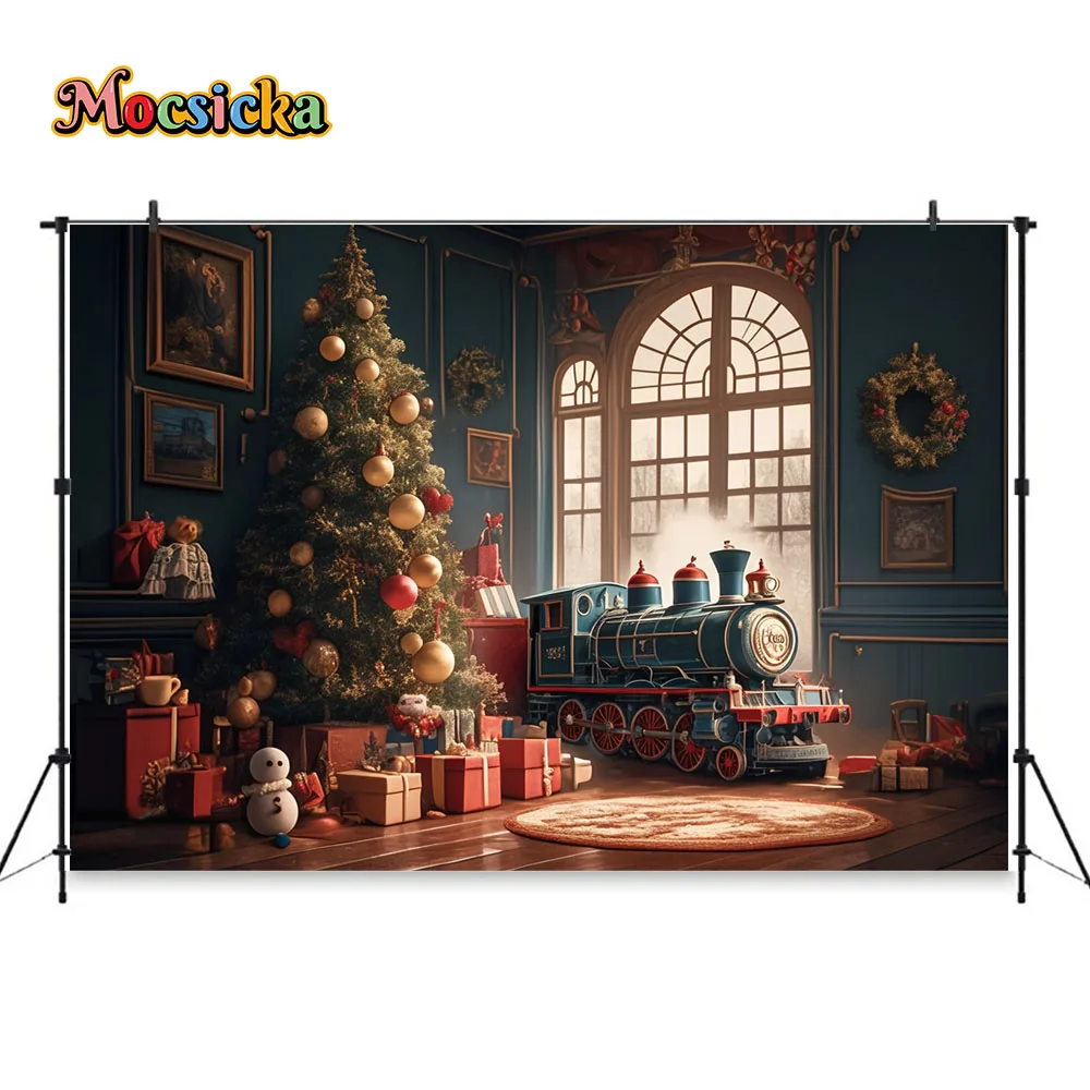 Christmas Photography Background Retro Blue Train Gift House Xmas Tree Window Backdrop Wooden Floor Decor Kid Family PhotoStudio