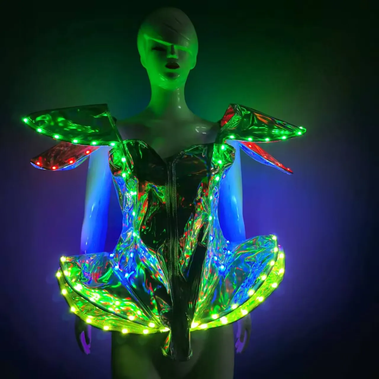 Fluoreszierendes silbernes Tanzkostüm, Kunstleder, Fliegenschulter-Body mit Shorts, Sänger, Team, Gogo, Bühnenaufführungskleidung