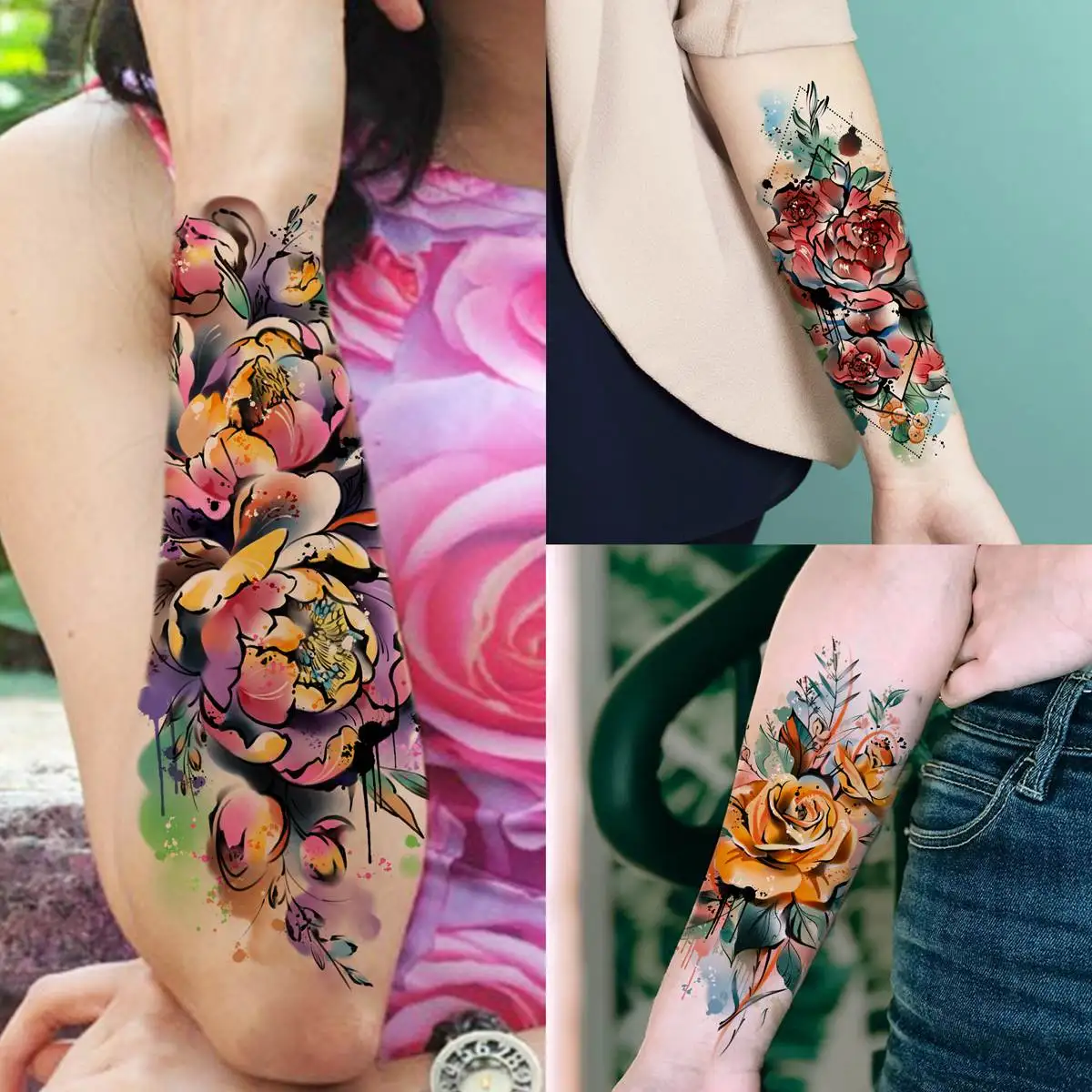 Tatuajes Temporales 3D de rosas de acuarela para mujeres y niñas, tatuaje falso de flor de peonía, León y Tigre, 63 hojas