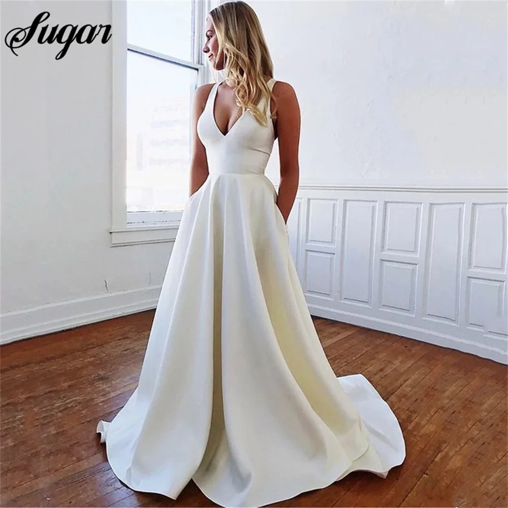 A-Line Satin Wedding Dresses Plus Size V Neck Boho Bridal Gowns Vestidos Wedding Gowns With Big Bow vestido de noiva