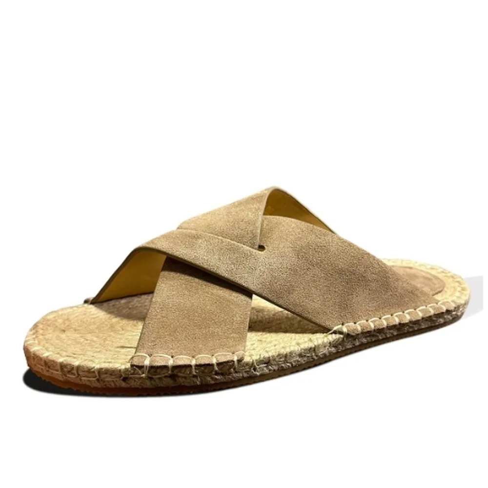 Men's khaki suede cross-laced flip-flops, hand-stitched grass-weave flat-bottomed slippers