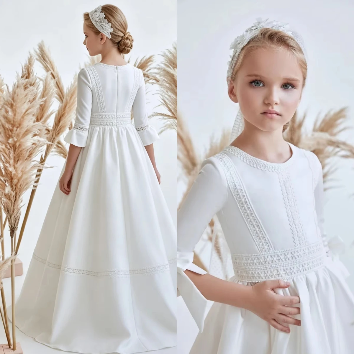 Custom White Satin Elegant Flower Girl Dress For Wedding 3/4 Sleeve Lace With Bows Girls Ball Gown First Communion Dress