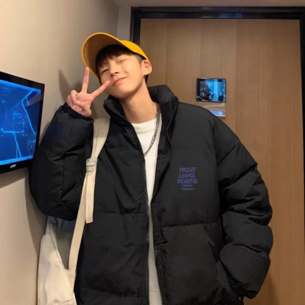 

Мужская зимняя теплая хлопковая куртка с воротником-стойкой, теплая верхняя одежда, длинная свободная посадка на молнии, чистый цвет