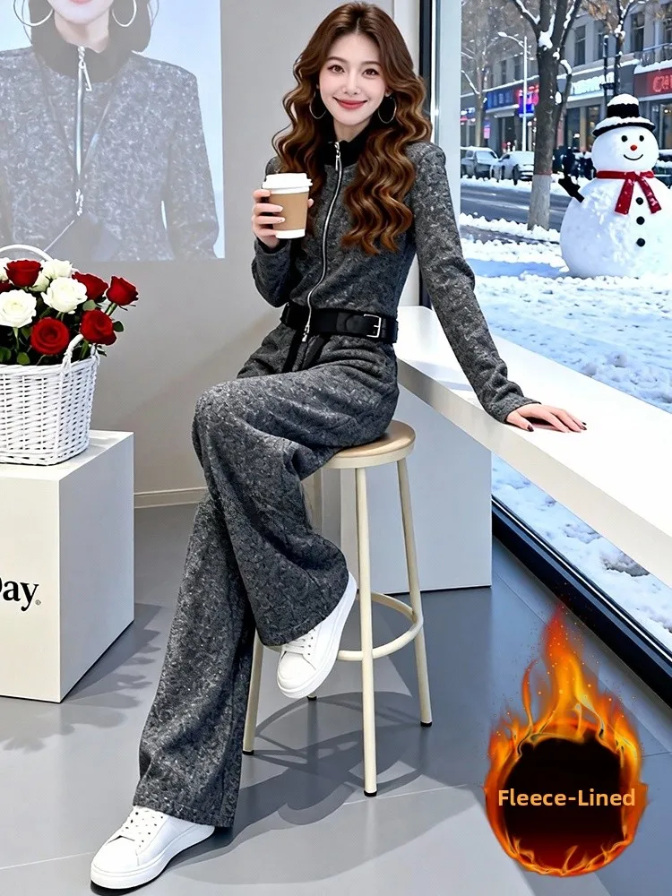 

Cool Casual Sportswear Set Women's Winter Fleece High-End Grey Open Cardigan Top Wide Leg Pants Two-Piece Set Comfortable Fit