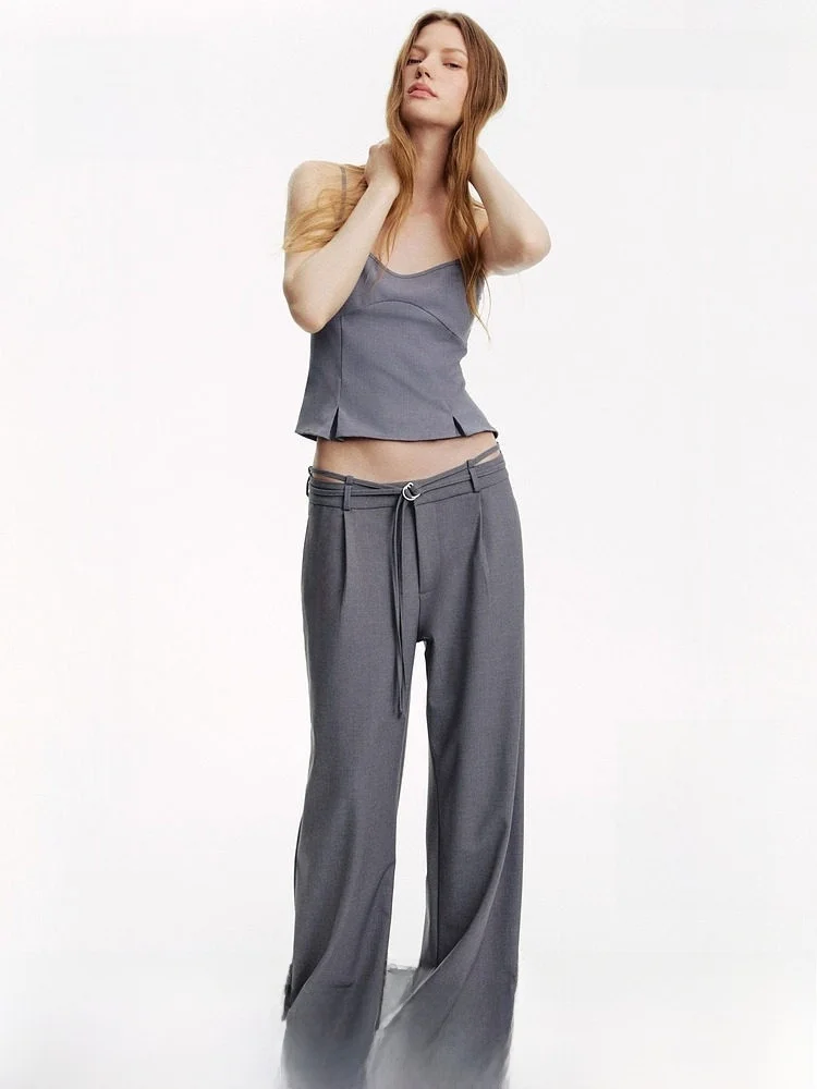 H&M Fashionable Summer Women's Suit Pants with Belt Elegant Formal Trousers Simple Style Polyester Viscose Spandex Blend
