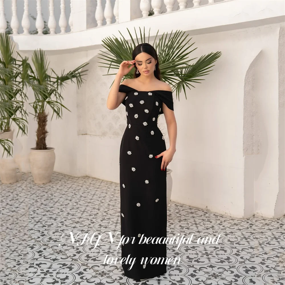 

NFYN Черные платья для выпускного вечера с открытыми плечами Гала-платья с хрустальными цветочными украшениями Вечернее платье в Саудовской Аравии по индивидуальному заказу