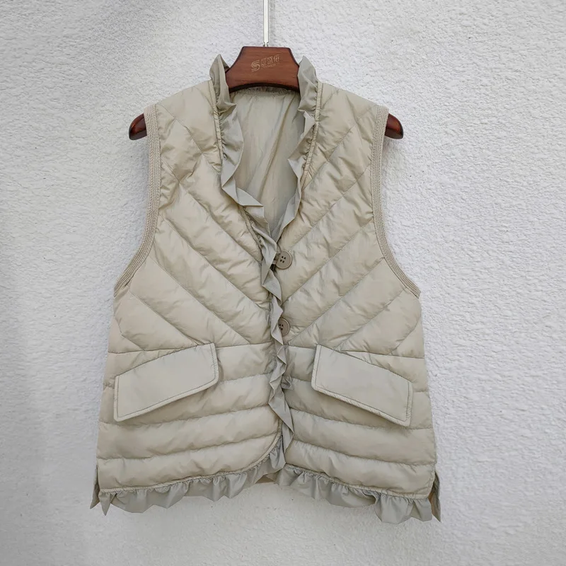 Winter V Neck Ruffles Down Waistcoat Jacket Women Light Thin White Duck Down Vest Warm Parkas Ladies Sleeveless Short Tank Coat