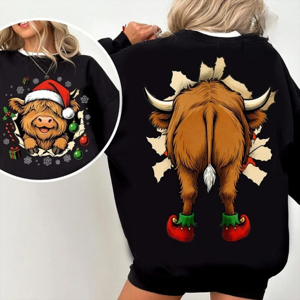 

Christmas Highland Cow Unisex Women Hoodie Front and Back Funny Xmas Design ’Tis The Season Hoodie Preppy Christmas Hoodie