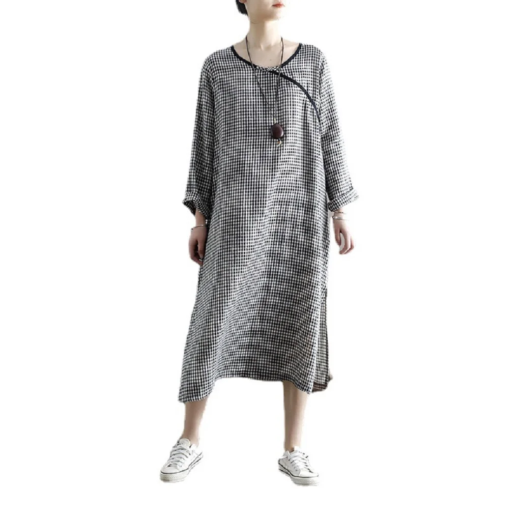 

Shanghai Story Women's Cotton and Linen Casual O Neck Check Print Cheongsam Dress Retro Chinese Style Loose Long Dress