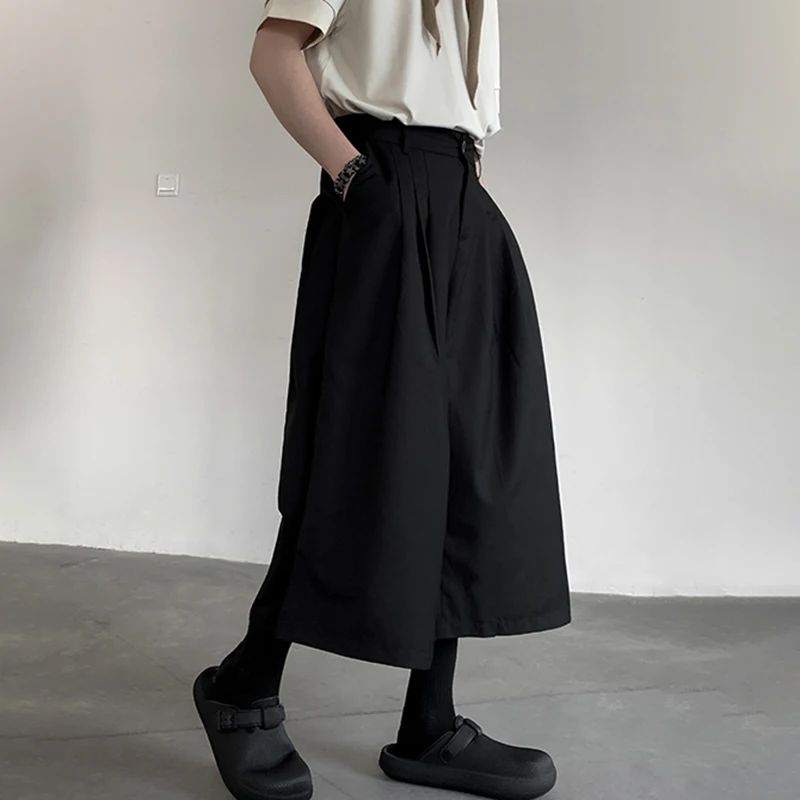 LUZHEN Solid Color Pleated Design Trendy Straight Pants Original New Men's Stylish Elegant Street Nine Points Trousers LZ2865