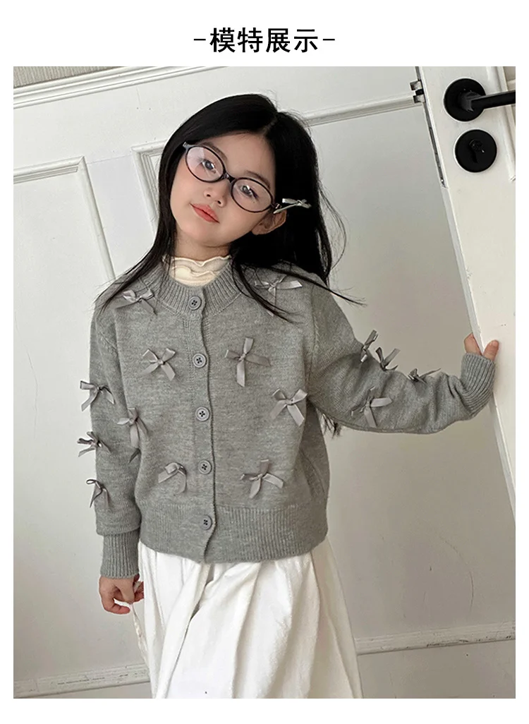 Elegante Schulmädchen-Baumwollpullover in Grau mit Schleifen für Mädchen, Kinder-Strickwaren, Mode für den Herbst, Teenager-Baby-Strickkleidung – Detail 2