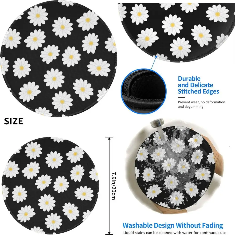 White Daisy Print 8-inch Round Gaming Mouse Pad with Anti-Slip Rubber Base and Stitched Edge