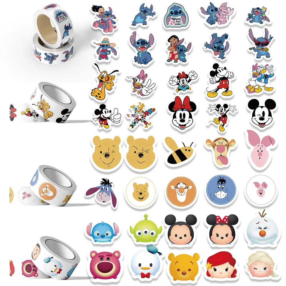 500 uds/rollo de pegatinas de princesa Mickey de punto lindo de dibujos animados de Disney Mix para coche, portátil, equipaje, monopatín, pegatina de sello impermeable para chica