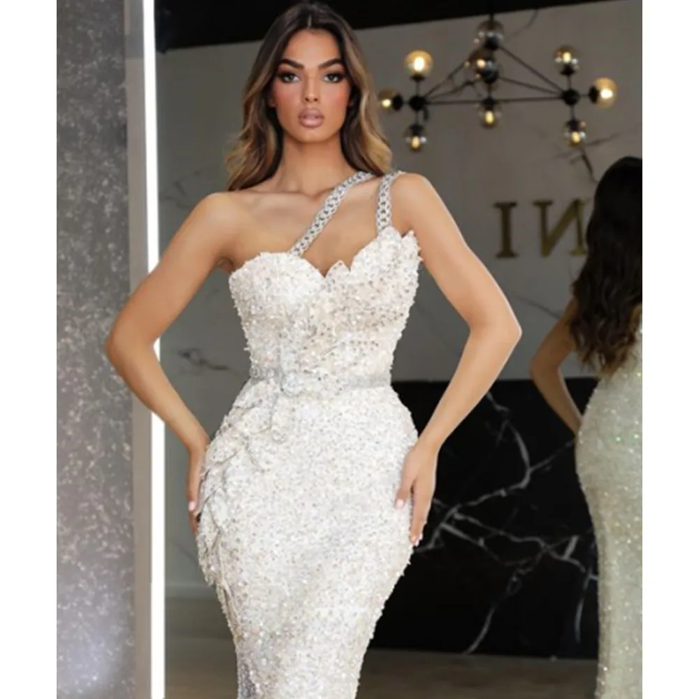 Luxury Prom Gowns Women One Shoulder 3D Flowers Sequined Glitter Sparky Open Leg Celebrity Evening Party Birthday Dresses