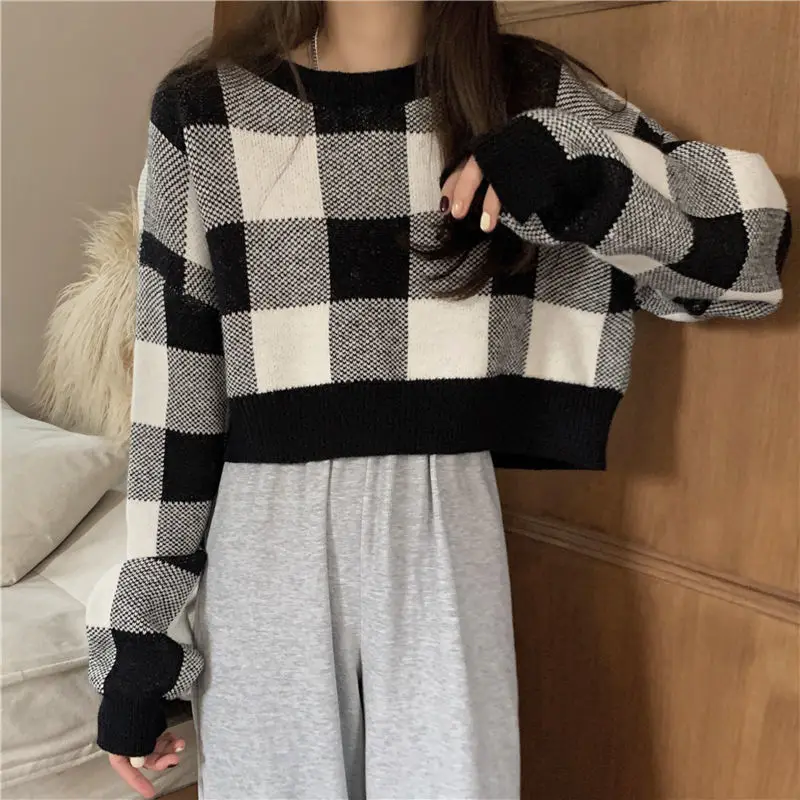 

Dongdaemun Plaid Short Sweater for Women 2025 Autumn New Design Long-sleeved Sweater Top