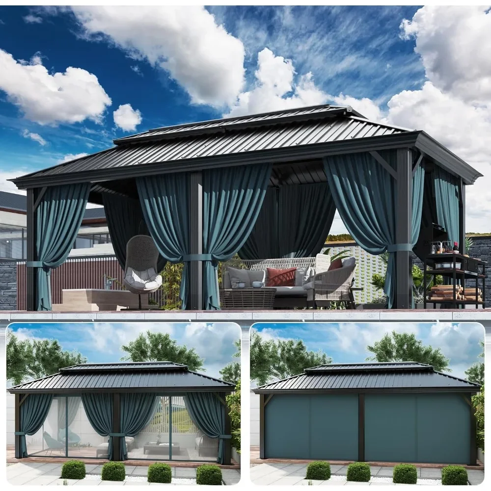 12x20ft Hardtop Gazebo  with Galvanized Steel Double Roof,  Gazebo with Netting and Curtains, Aluminum Frame Outdoor Gazebo