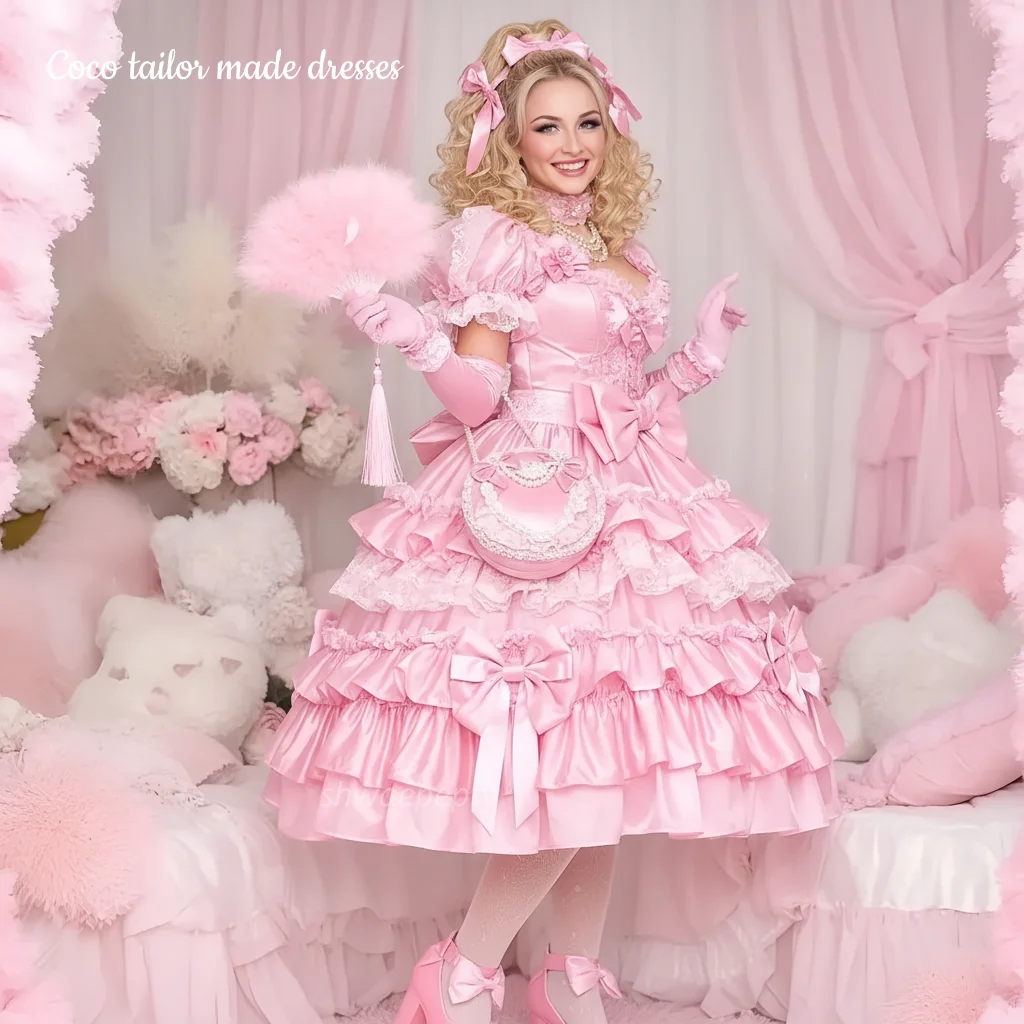 Teelanges rosa Lolita-Abschlussballkleid mit Rüschen, kurzen Puffärmeln, Cosplay-Party-Geburtstagskleidern, individuell gestaltet