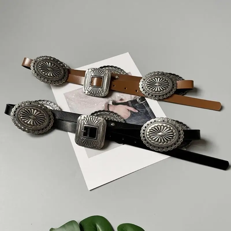 

R1WE Пояс из искусственной кожи в этническом стиле с резной цветочной пряжкой для мужского женского костюма