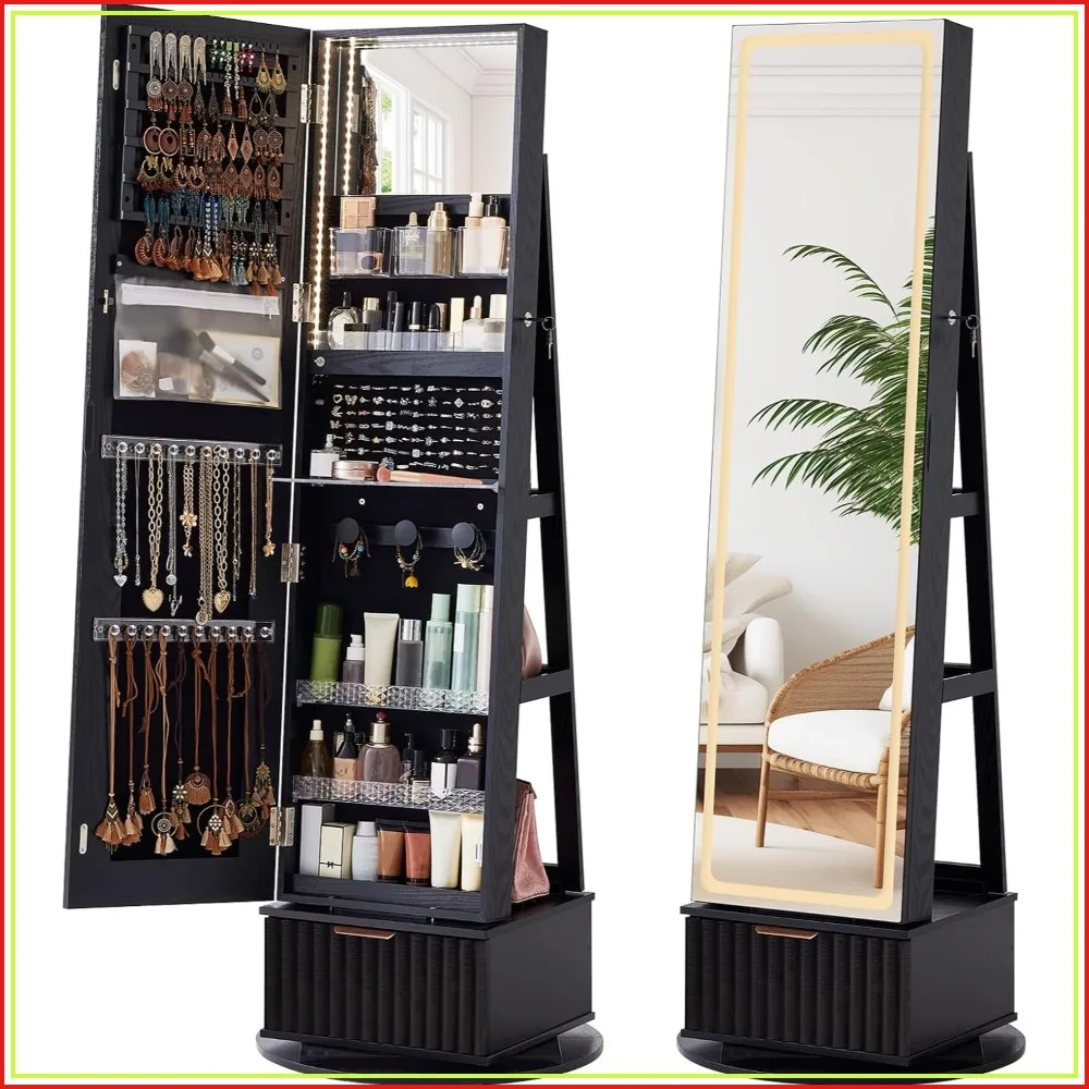 Fluted 360 Swivel Jewelry Armoire Standing with Full Length Mirror