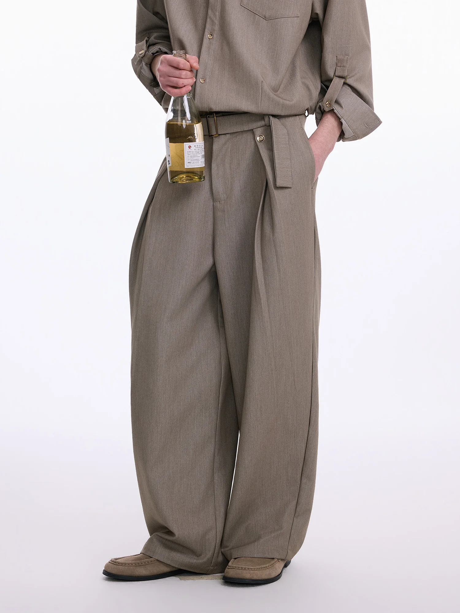 

Youth Casual Loose A-Line Waist Belt Straight Leg Floor-Length Pants Spring Fashion Trend Pure Color Men's Western Pants