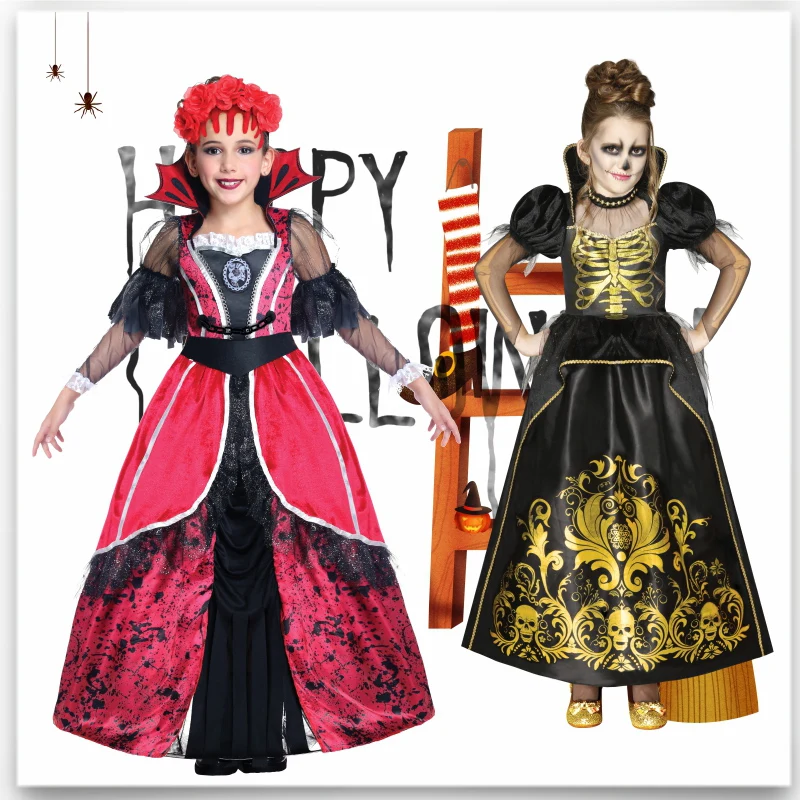 2023 Disguise Witch Costume for Girls Halloween Pirate Vampire Skeleton Dress Kids Carnival Cosplay Party Outfit Set Clothes