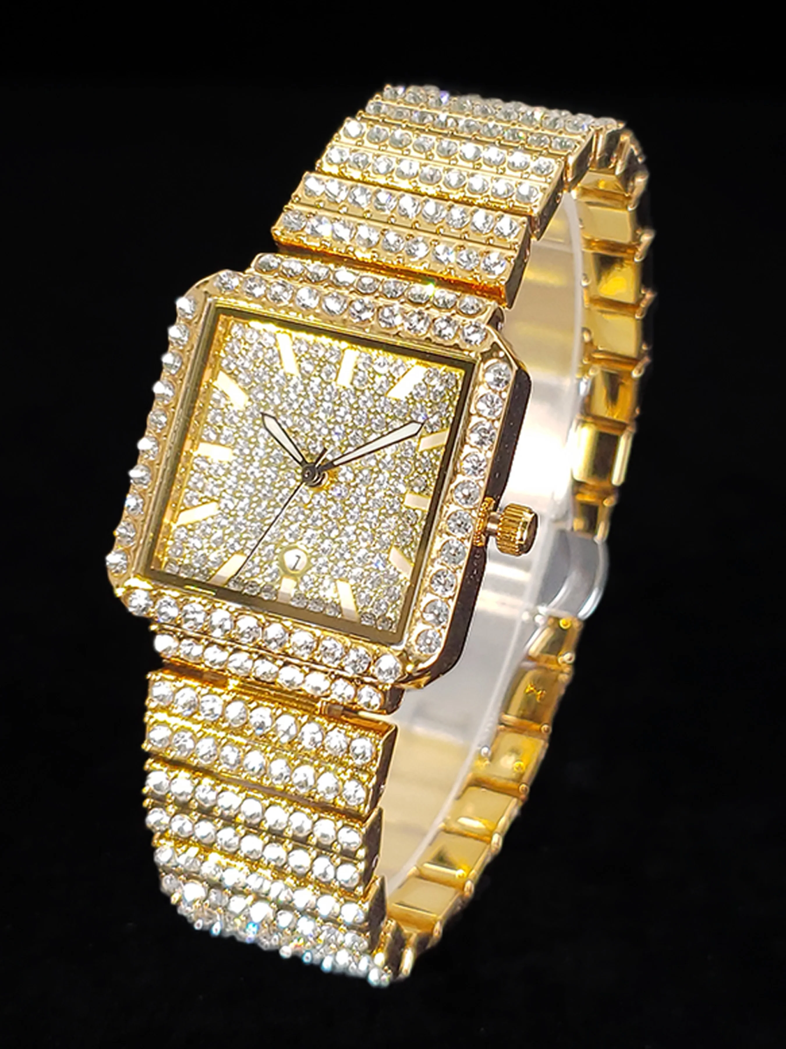 Gold Women Watch With Iced Diamond Square Small Dial Luxury Quartz Watches For Ladies Classic Dress Wristwatches Dropshipping