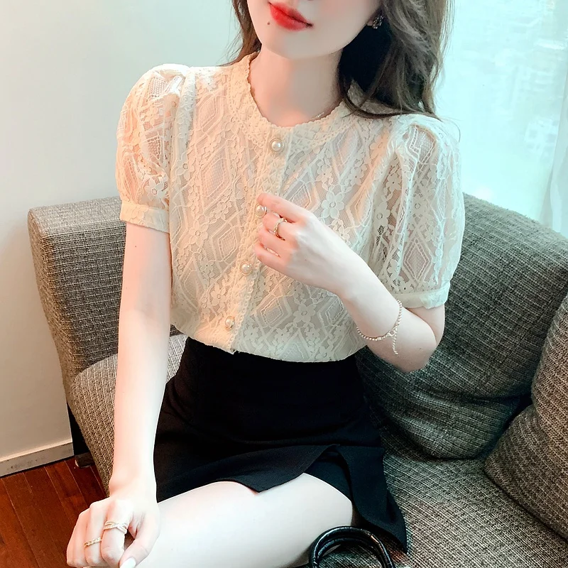 2023 Summer New Round Neck Short Sleeve Lace Blouse Tops Fashion Casual Korean Women's Shirt Clothing