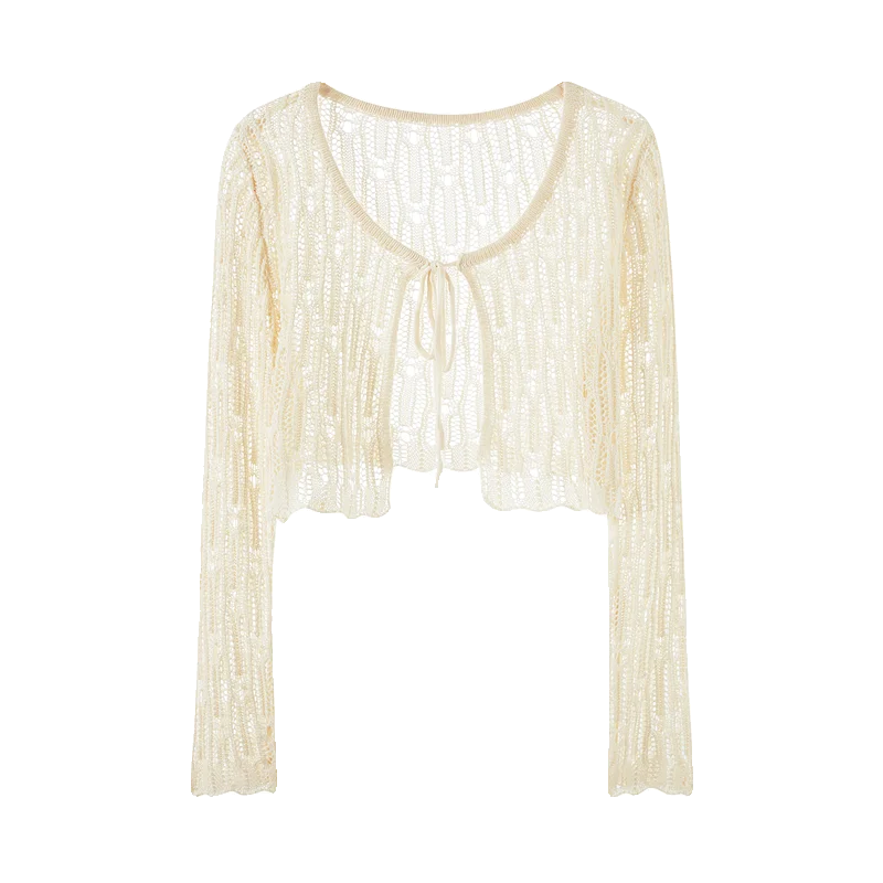 Tie Up Crochet Cardigan Long Sleeve Open Knit Crop Top Cardi Bolero Women Beach Cover Up Boho Cottagecore Spring Summer 2026