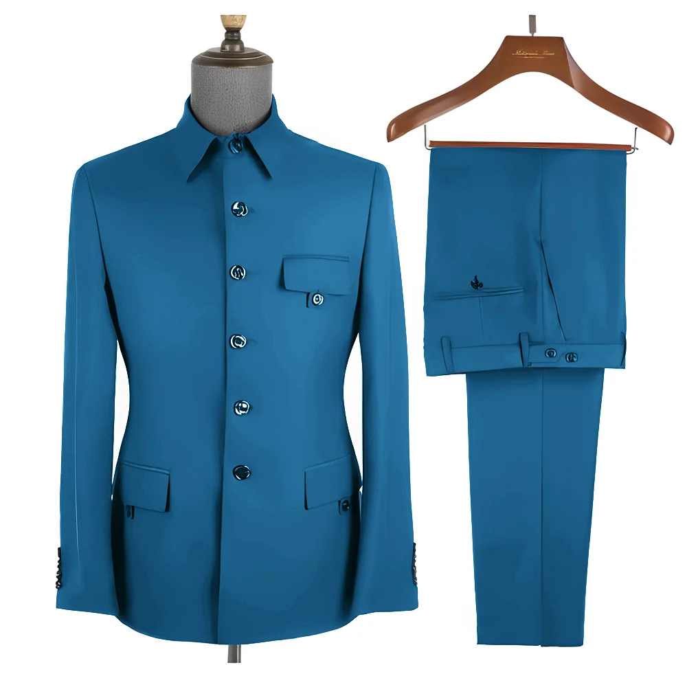 Royal Blue Formal Men's Suit 2 Piece Set Stand Collar Blazer Pants Slim Fit Wedding Groom Tuxedo Party Dress
