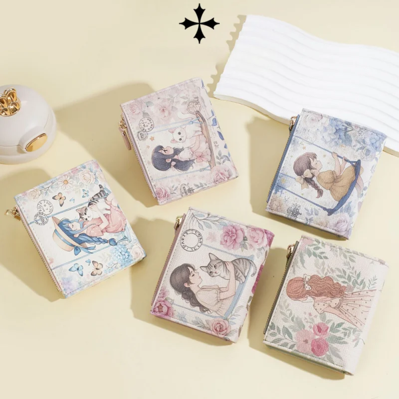 กระเป๋าสตางค์สั้นผู้หญิงอเนกประสงค์แบบใหม่, ดีไซน์ทันสมัย, ลายดอกไม้หลากหลายแบบ, กระเป๋าใส่เหรียญแบบมีซิปสำหรับผู้หญิง