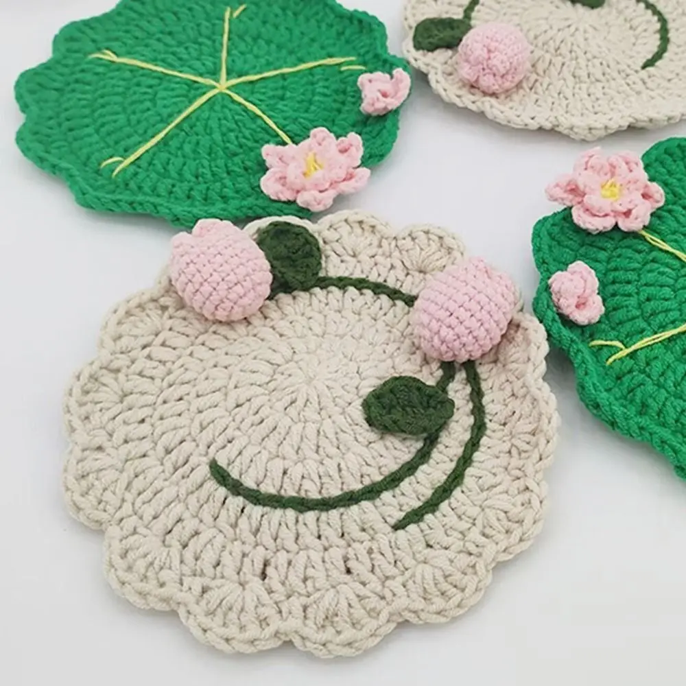 Creative Crochet Coaster Mat Lotus Leaves Shaped Cute Decorative Placemats Tulips Heat Resistant Drink Coaster Housewarming