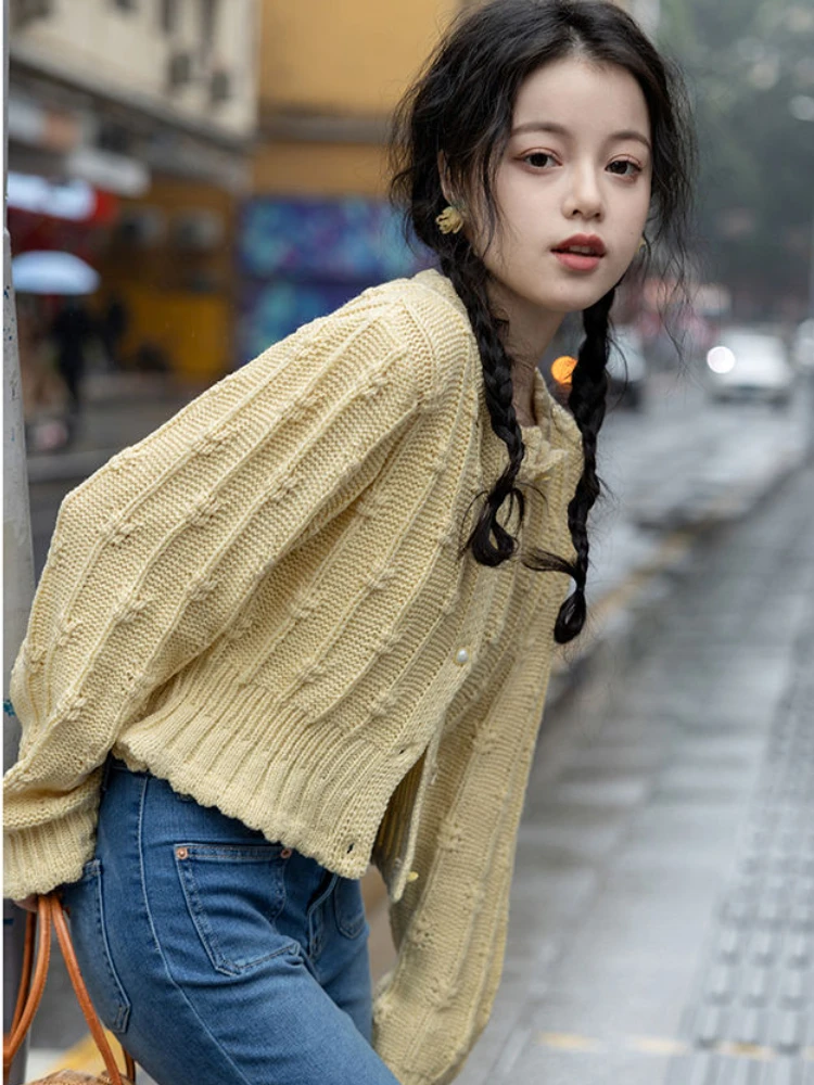 Cardigans Women Chic Korean Style New Design Autumn Elegant Knitwear Young Sweet Girls Ruffled Collar Simple Soft Warm All-match