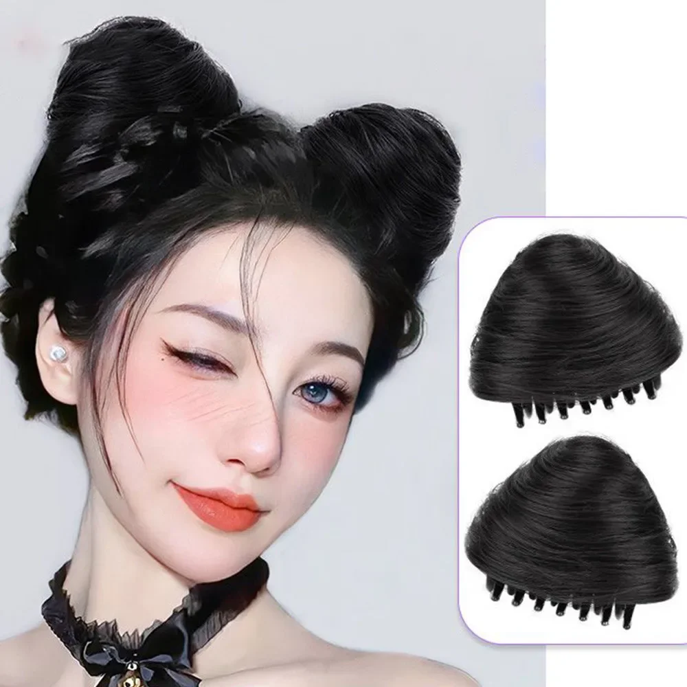 

Women Wigs 2pcs Circle Cat Ear Wig Grab Card Bun Head Cute Spice Girl Lazy Bun Hair Bag Cosplay Party Fluffy Simulation Wigs