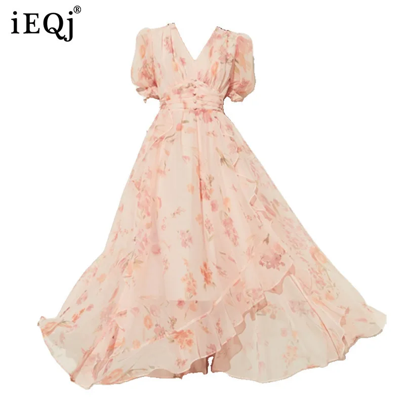 IEQJ Short Sleeve Lace Up Ruffled Dress Women Irregular Fashion Print V-neck Party Dresses Female Summer 2025 New Style 3WM3844