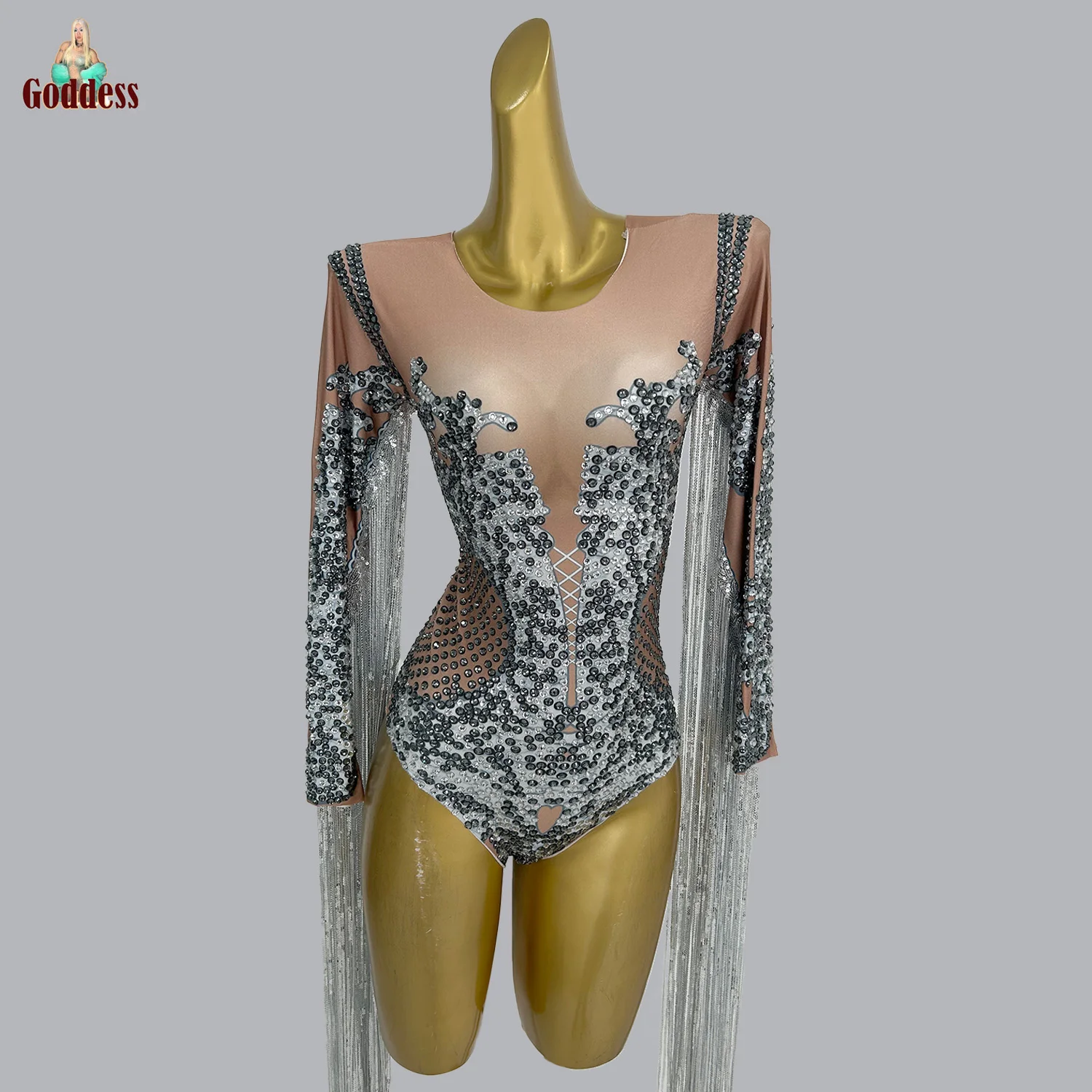 

Sparkly Rhinestones Sequins Tassel Bodysuit for Women Sexy Performance Dance Costume Nightclub Party Dancer Stage Bodysuit