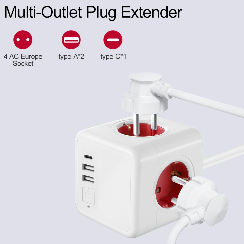 EU Plug Power Strip Cube Multiple Extension Socket with  AC Outlets 16A 3680W Plug Adapter with USB for Home Office