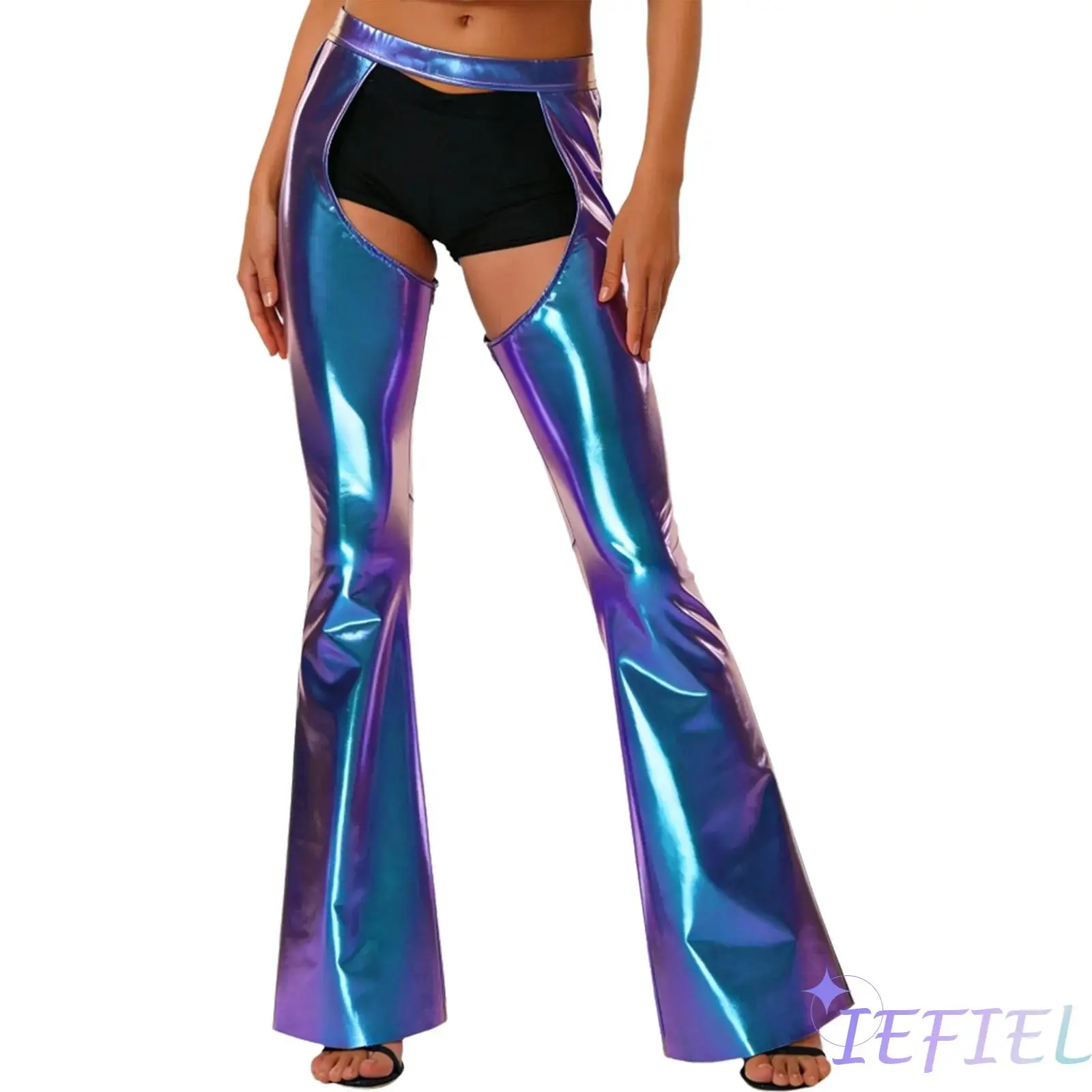 

Womens Club Performance Pants Metallic Shiny Open Crotch Chaps Flared Bell Bottom Trousers Clubwear for Stage Ballroom Prom