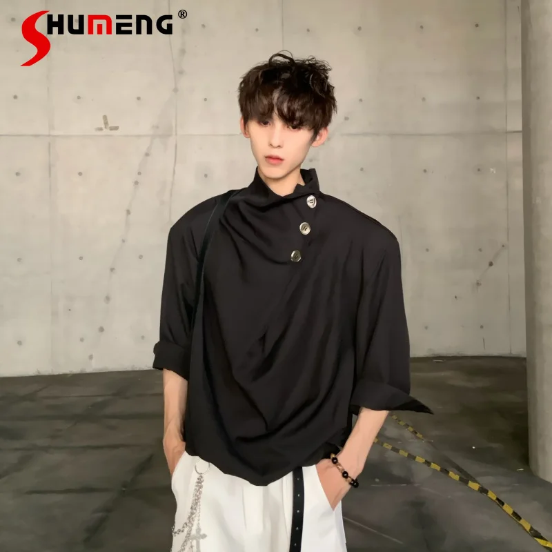 

Men's 2026 Irregular T-shirts Multi-button Scarf Collar Shoulder Pad Tops Semi-turtleneck Short Sleeve Loose Solid Color Tees