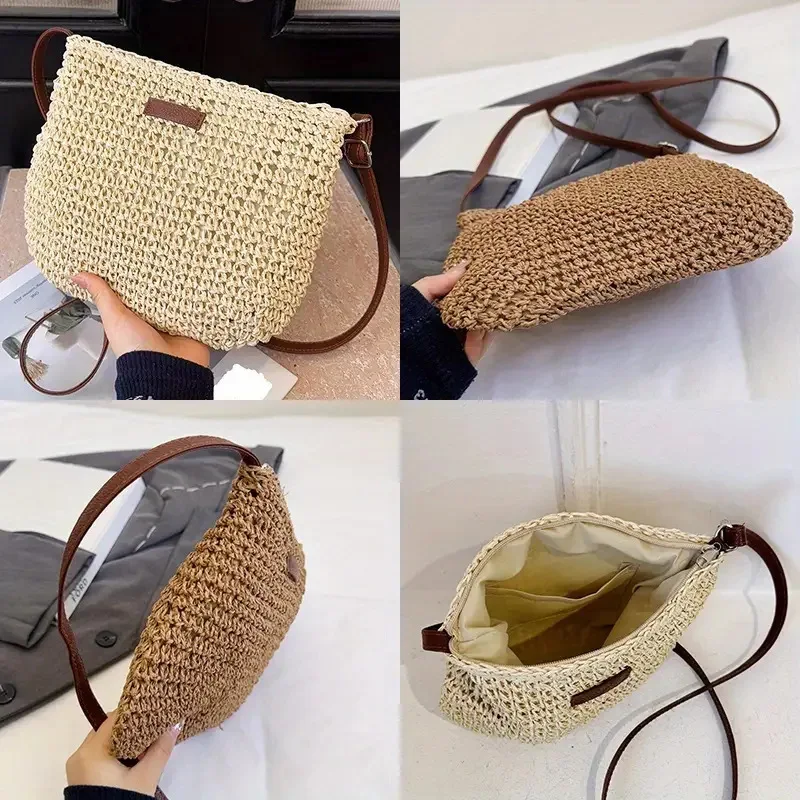 Bolsa de palha tecida, ombro único, tecelagem elegante feminina, estilo ins, praia à beira-mar, bolsa crossbody para mulheres