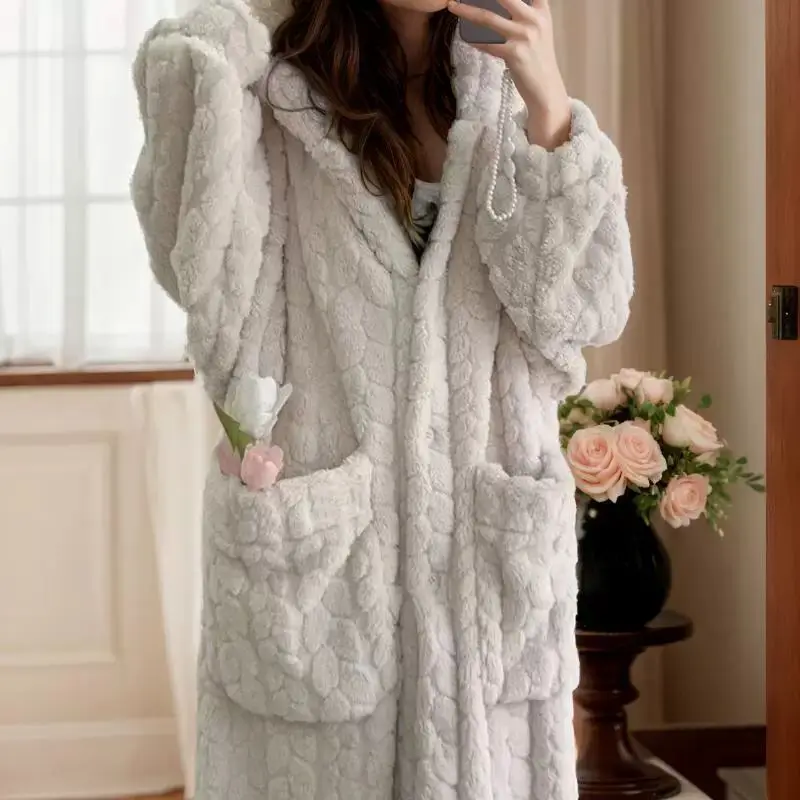 Women's Soft Coral Fleece Hooded Robe Warm Cozy Lounge Wear Autumn Spring Season Couple Friendly Home Comfortable Sleepwear