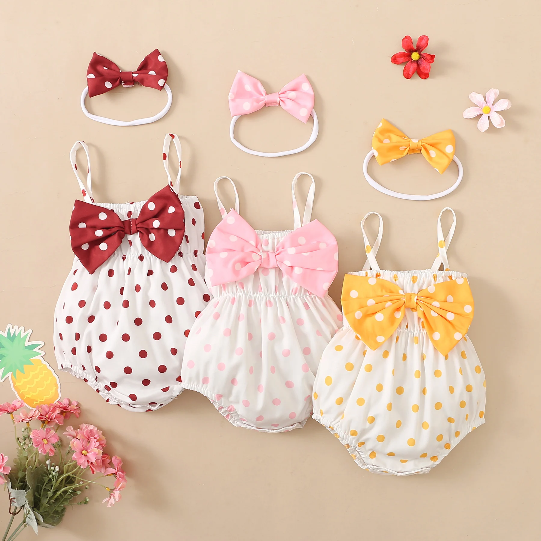 

PatPat 2pcs Baby Girl Allover Dots Bowknot Sleeveless Spaghetti Strap Romper with Headband Set