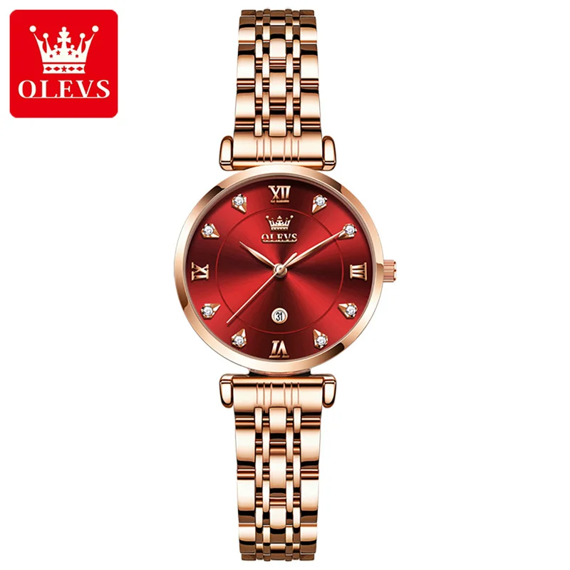 Imagem -02 - Olevs Luxo Moda Rosa Ouro Diamante Feminino Relógios Vinho Vermelho Feminino Quartzo Relógio de Pulso Senhoras Reloj Mujer Relógio 2023