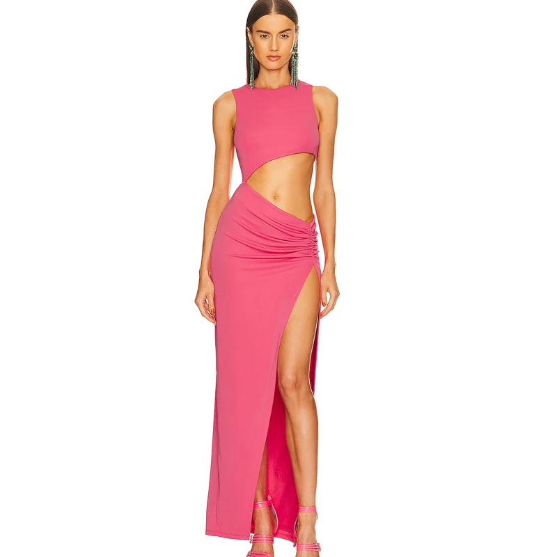 

Temperament Solid Color Round Neck Sleeveless Navel Show Sexy Dress, Women's Skinny Pleated Zou Split Party, Long Dress