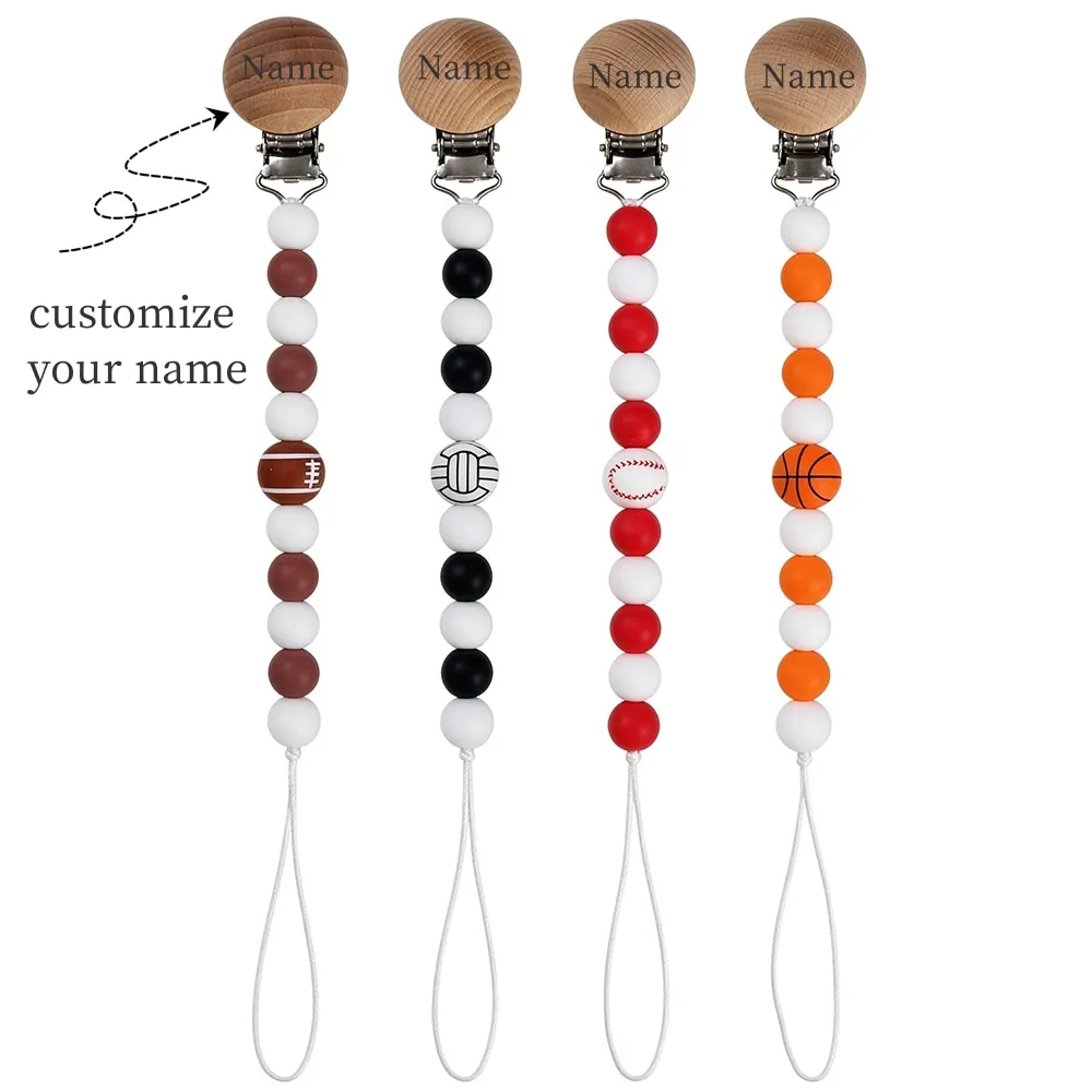 Custom Name Silicone Bead Basketball Ball Sport Pacifier Clip Wooden Engraving Baby Dummy Holder Chain Silicone Personalized