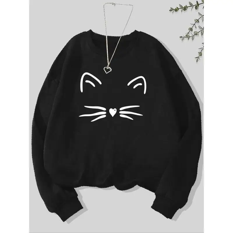 

Women's Cute Cat Face Sweatshirt Crewneck Pullover Long Sleeve Pet Lover Graphic Jumper Aesthetic Gift for Her