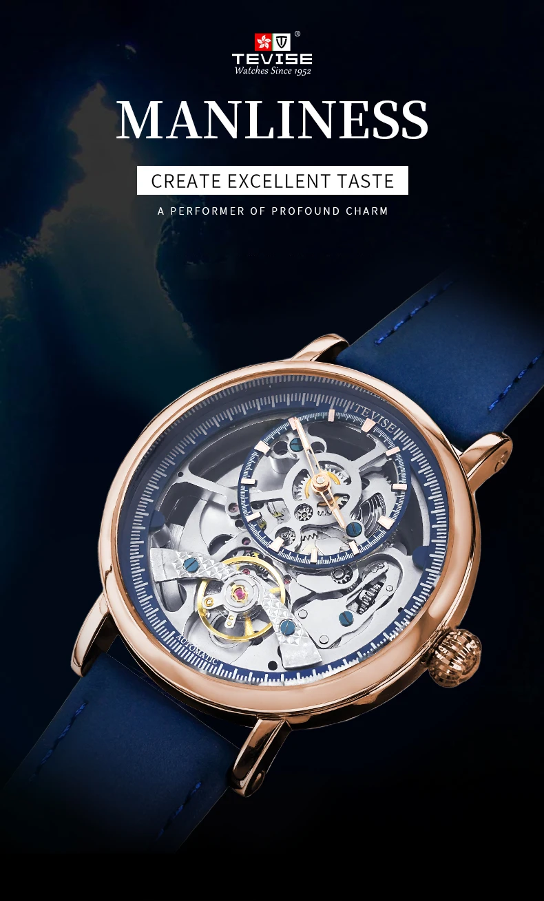 TEVISE Jam Tangan Mekanis Otomatis untuk Pria Jam Tangan Kerangka Jam Tangan Fashion & Bisnis Bercahaya dengan Tali Kulit Tahan Air