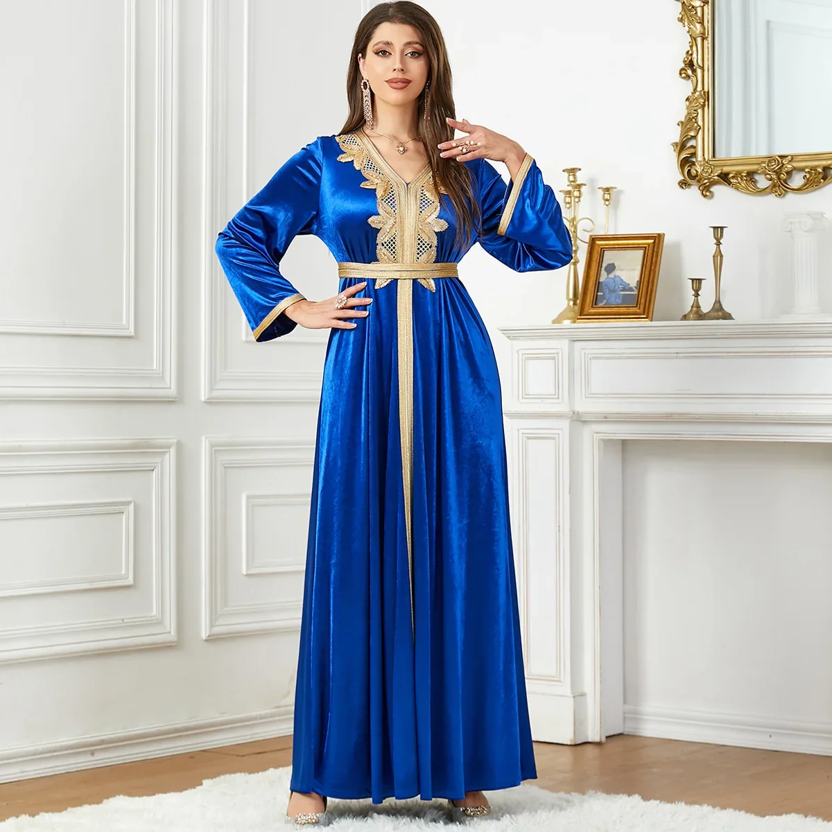 

Temperament Party Dress Fashion Autumn Winter Muslim Dress Arabian Bright Velvet Robe Saudi Dubai Abayas Evening Dress for Women