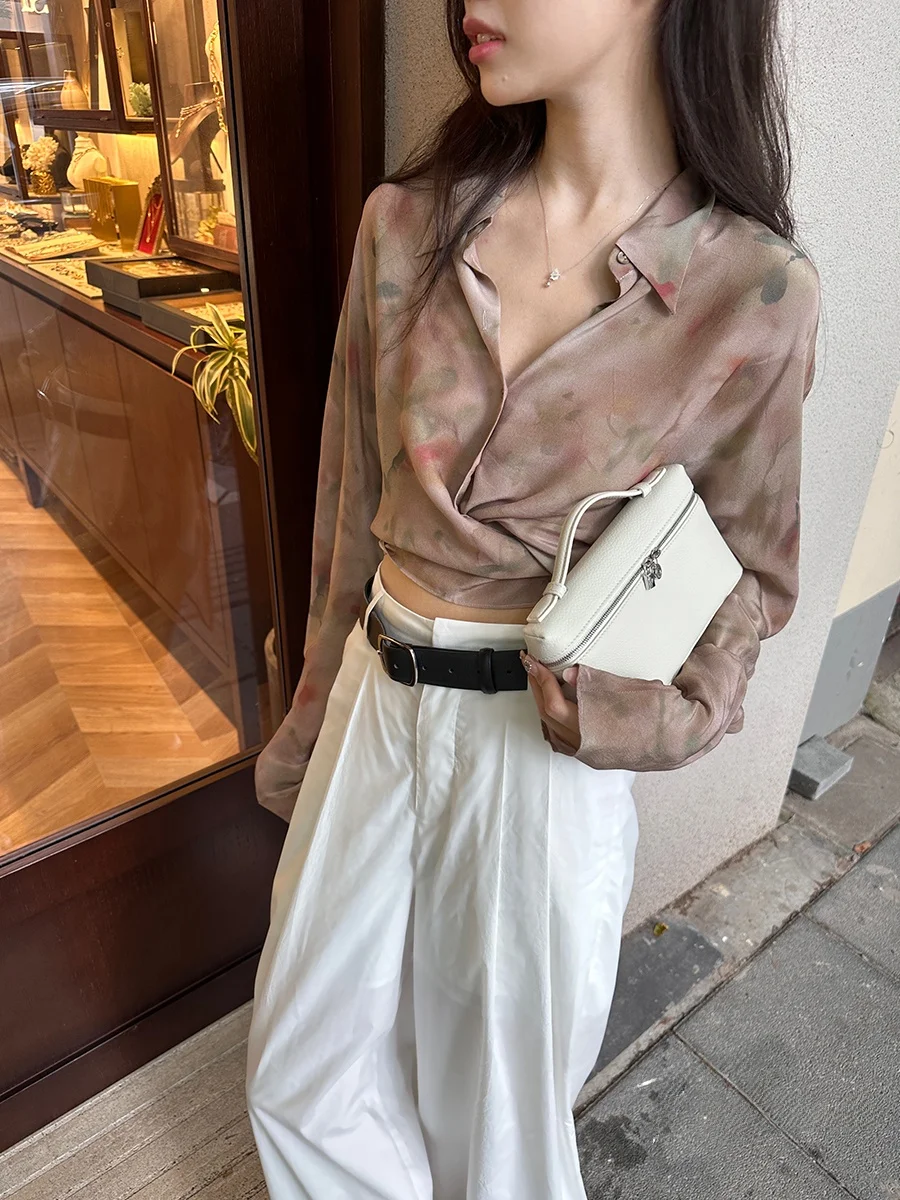 

Silk Gradient Dyeing Shirt with Cross Tie Dye Print Oil Painting Feel Loose Fit Long Sleeve V Neck Business Casual Shirt