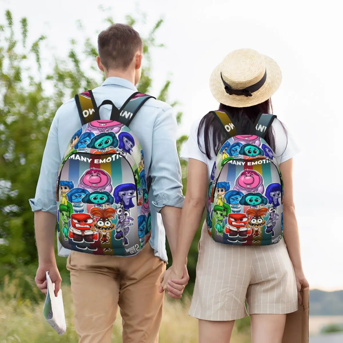 Mochileira escolar para homens e mulheres, Divertida Mente 2 Emoção dos desenhos animados, mochila engraçada de anime, faculdade primária ao ar livre